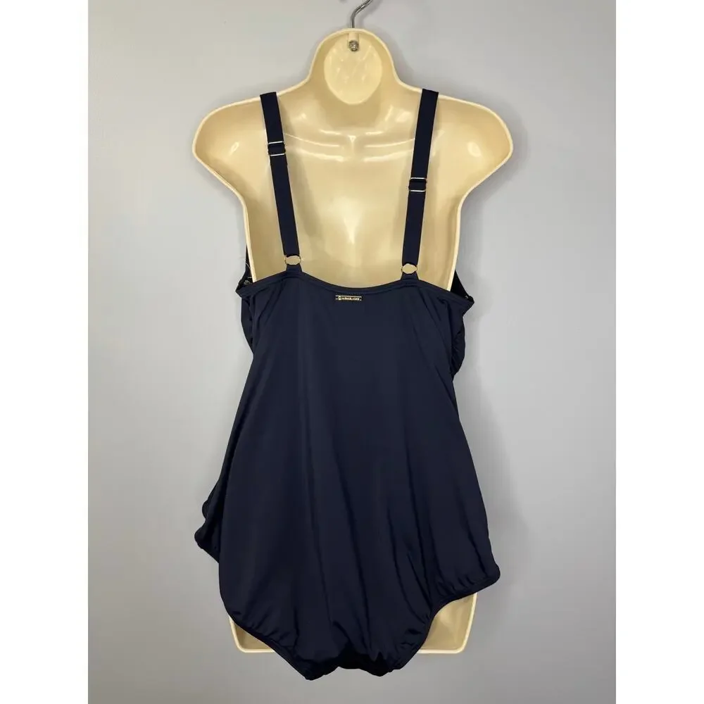 MICHAEL KORS Deep V-Twist Solid Navy One Piece Women's 20W